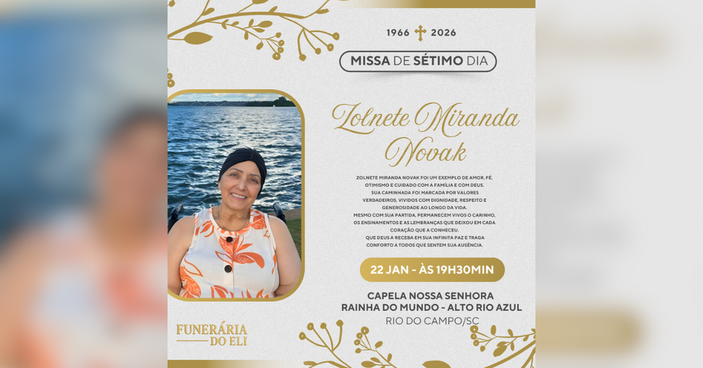 Família convida para Missa de Sétimo Dia de Zolnete Miranda Novak em Rio do Campo