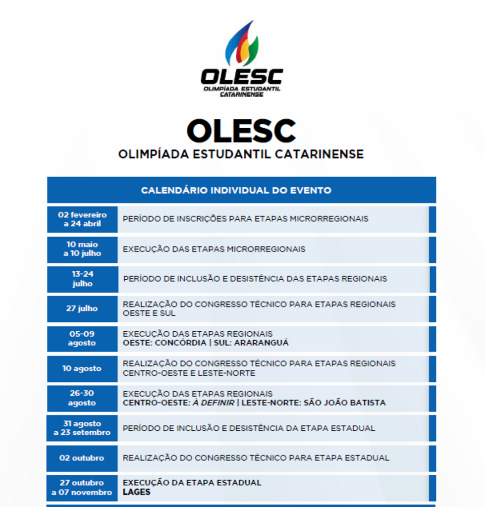 Fesporte divulga calendário e datas da Olesc 2026 de Lages