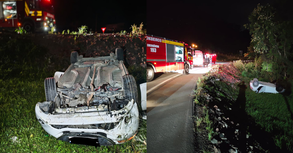 Carro sai da pista e capota em barranco na BR-470 em Agronômica