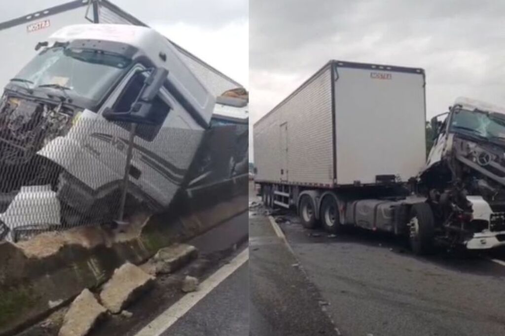 PRF investiga dinâmica de acidente com três caminhões na BR-101; caminhão de melancias foi atingido
