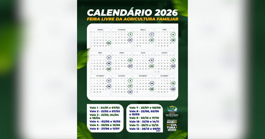 Rio do Campo divulga calendário 2026 da Feira Livre da Agricultura Familiar