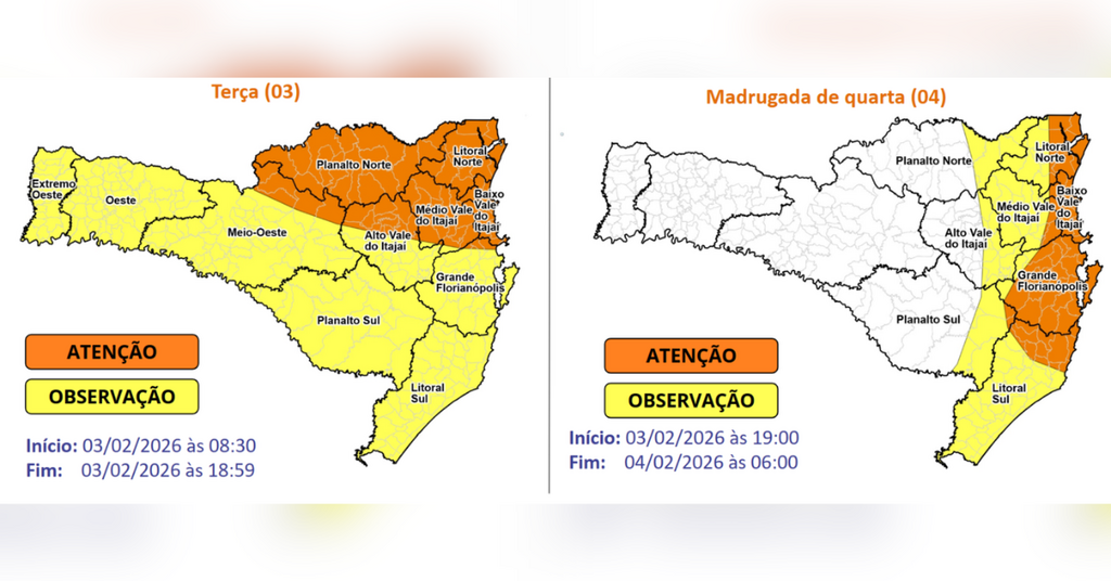 Defesa Civil eleva alerta para temporais e chuva intensa no Alto Vale do Itajaí
