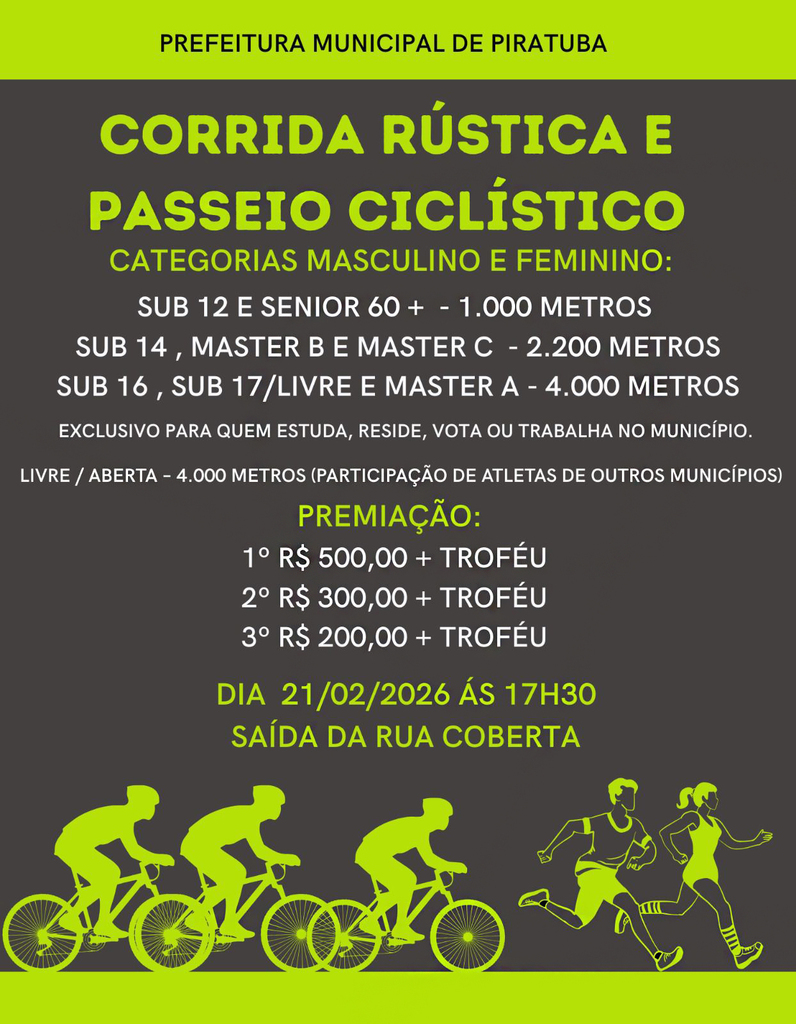 PIRATUBA CELEBRA ANIVERSÁRIO DO MUNICÍPIO COM CORRIDA RÚSTICA E PASSEIO CICLÍSTICO NO DIA 21 DE FEVEREIRO