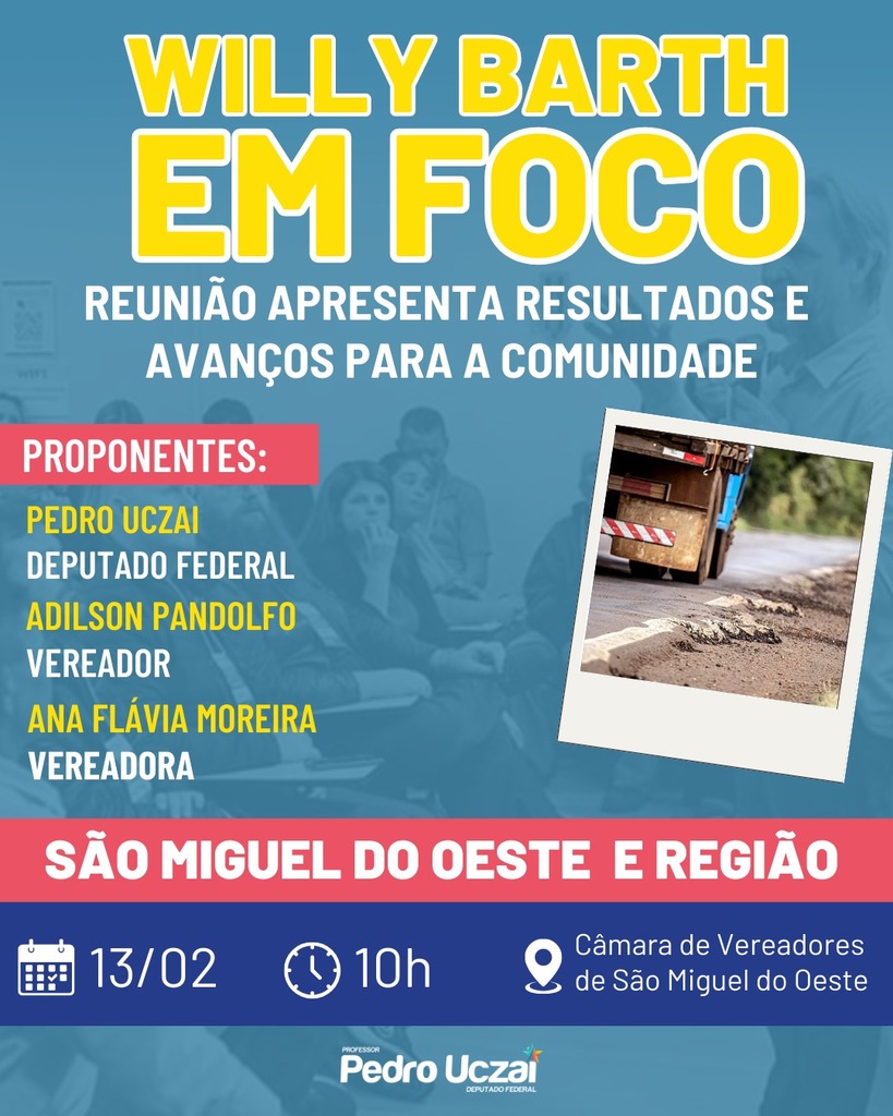 Deputado Pedro Uczai apresentará encaminhamentos sobre obras na Willy Barth