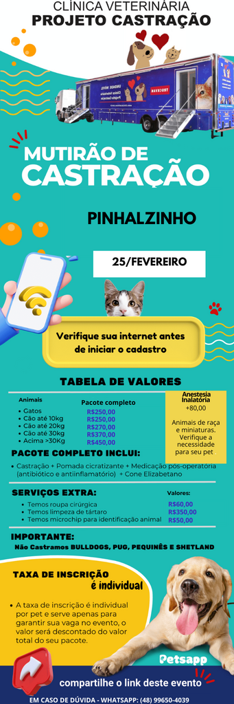 Pinhalzinho recebe mutirão de castração a baixo custo no dia 25 de fevereiro