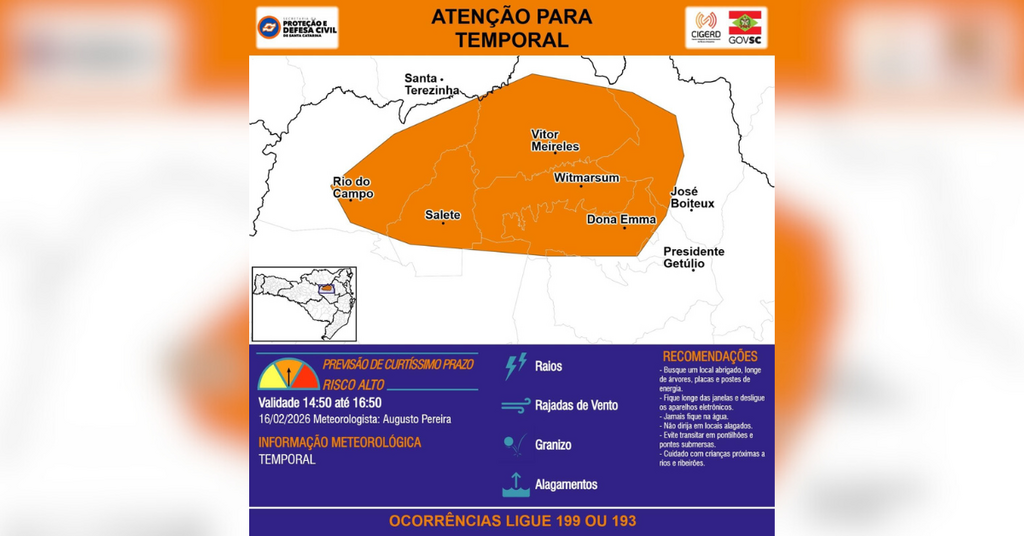 Defesa Civil emite alerta de risco alto para temporais com granizo em oito cidades do Alto Vale do Itajaí