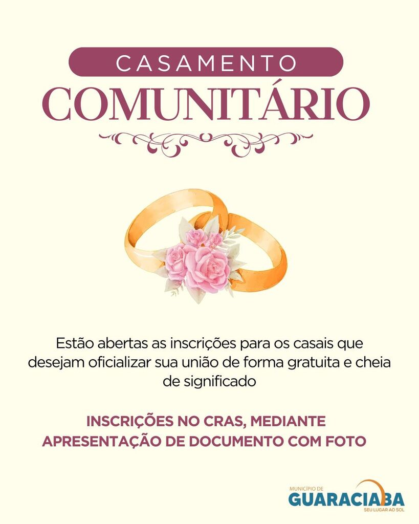 Inscrições abertas para o Casamento Comunitário em Guaraciaba