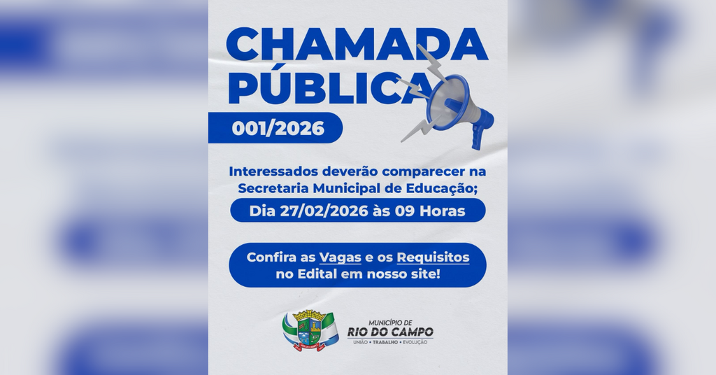 Secretaria de Educação de Rio do Campo abre chamada pública para contratação temporária