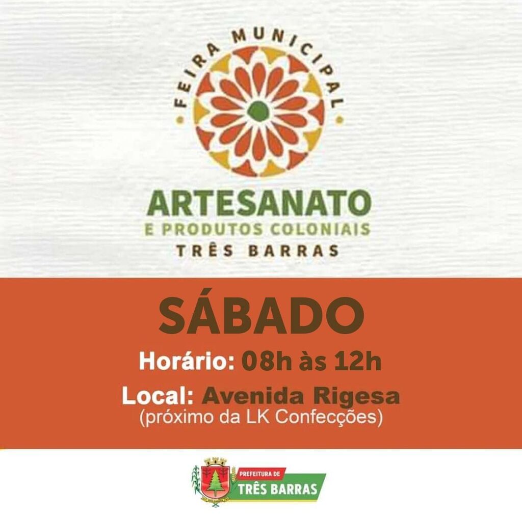 Feira Municipal de Artesanato e Produtos Coloniais em Três Barras acontece no próximo sábado, 7