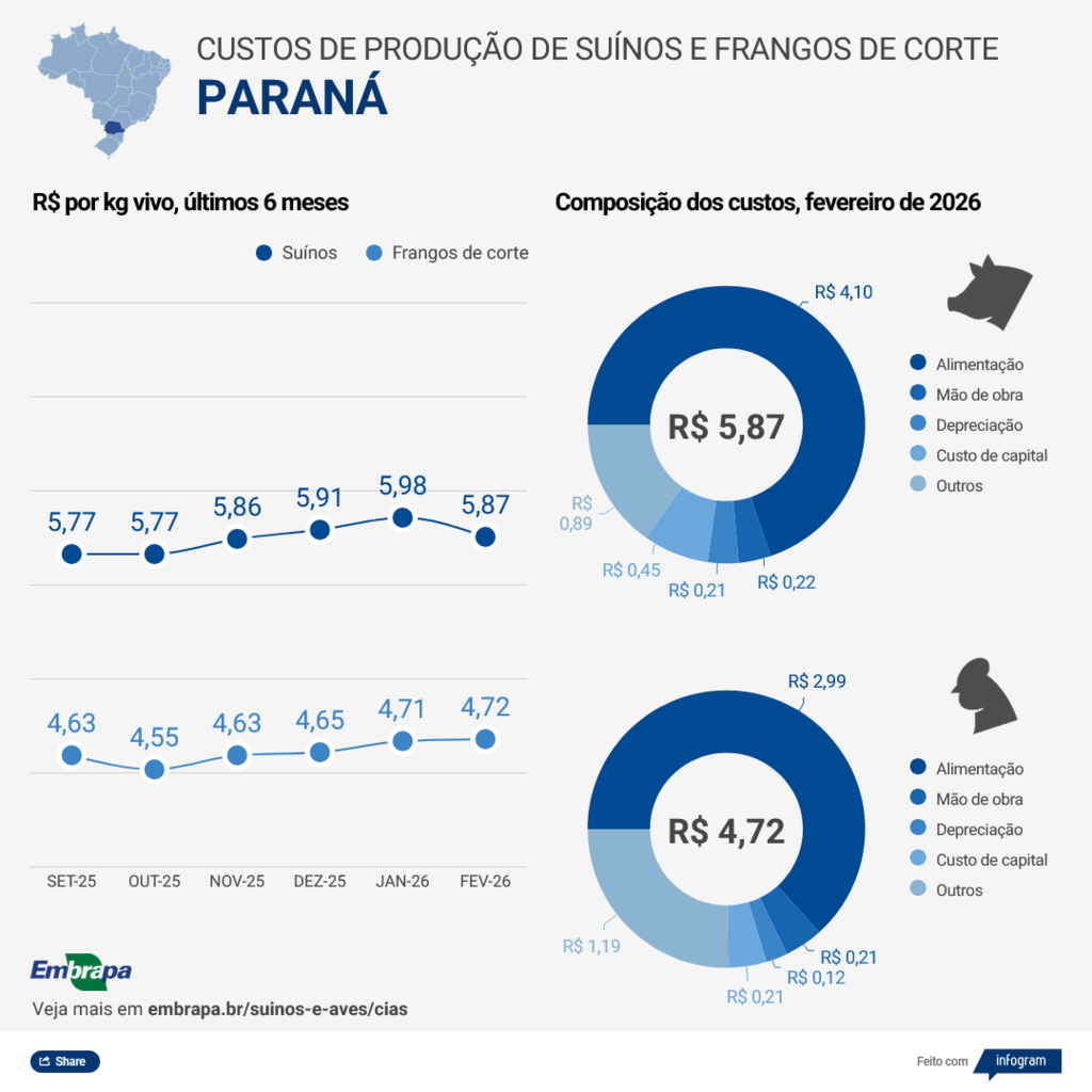 Custos de produção de suínos caem  e frango de corte se mantém estável em fevereiro
