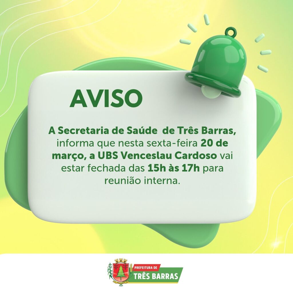 O expediente na Unidade Básica de Saúde (UBS) Venceslau Cardoso, no distrito de São Cristóvão, em Três Barras, será em horário reduzido nesta sexta-feira, 20 de março.