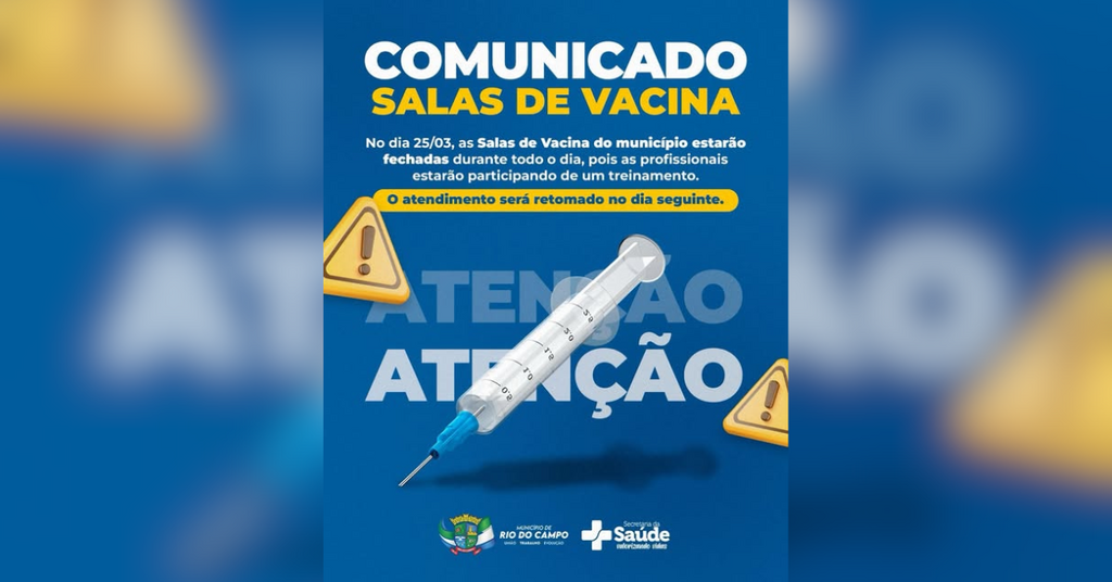 Atenção, moradores: salas de vacina de Rio do Campo estarão fechadas nesta quarta-feira (25)