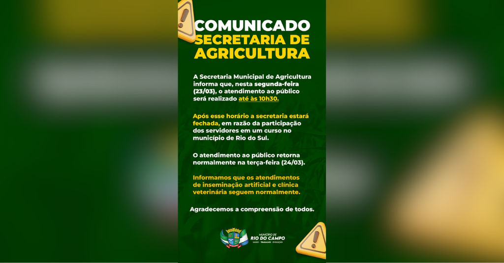 Atenção, agricultores: Secretaria de Agricultura atende em horário reduzido nesta segunda-feira (23)