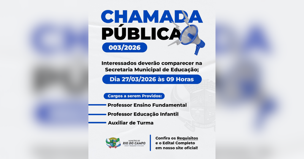 Educação: Rio do Campo abre processo seletivo emergencial para contratação de professores e auxiliares