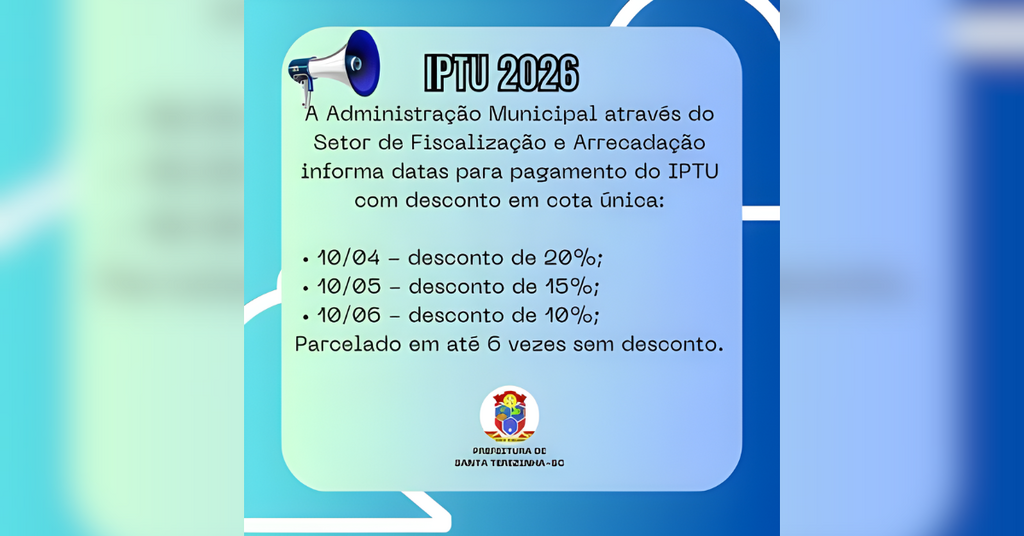 IPTU 2026: Santa Terezinha libera carnês com oportunidade de até 20% de desconto na cota única