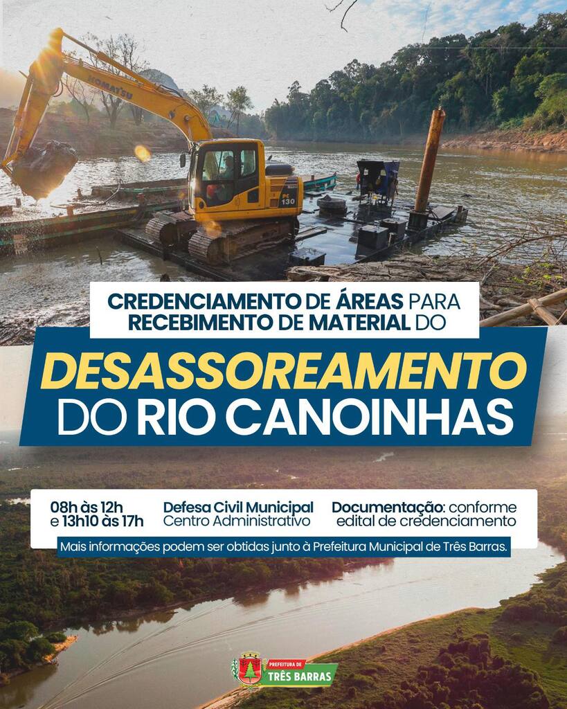 Três Barras: está aberto o credenciamento de imóveis interessados em receber material proveniente do desassoreamento do Rio Canoinhas