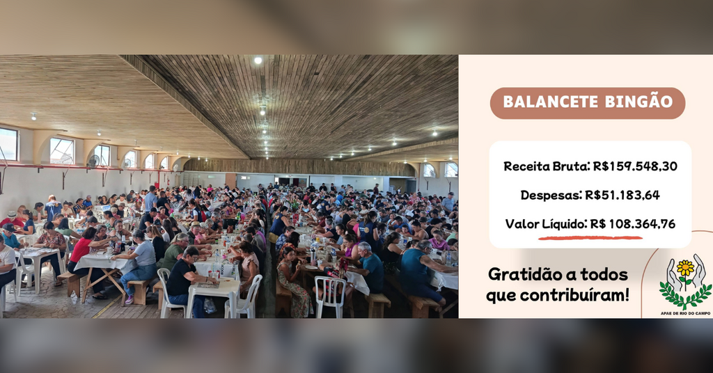 Bingão da Apae de Rio do Campo arrecada mais de 108 mil reais e entidade agradece comunidade
