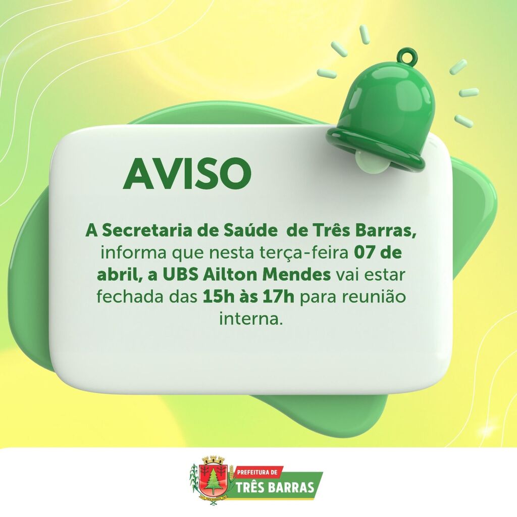 O expediente na unidade básica de saúde (UBS) Ailton Mendes, no distrito de São Cristóvão, em Três Barras, será em horário reduzido nesta terça-feira, 07 de abril.