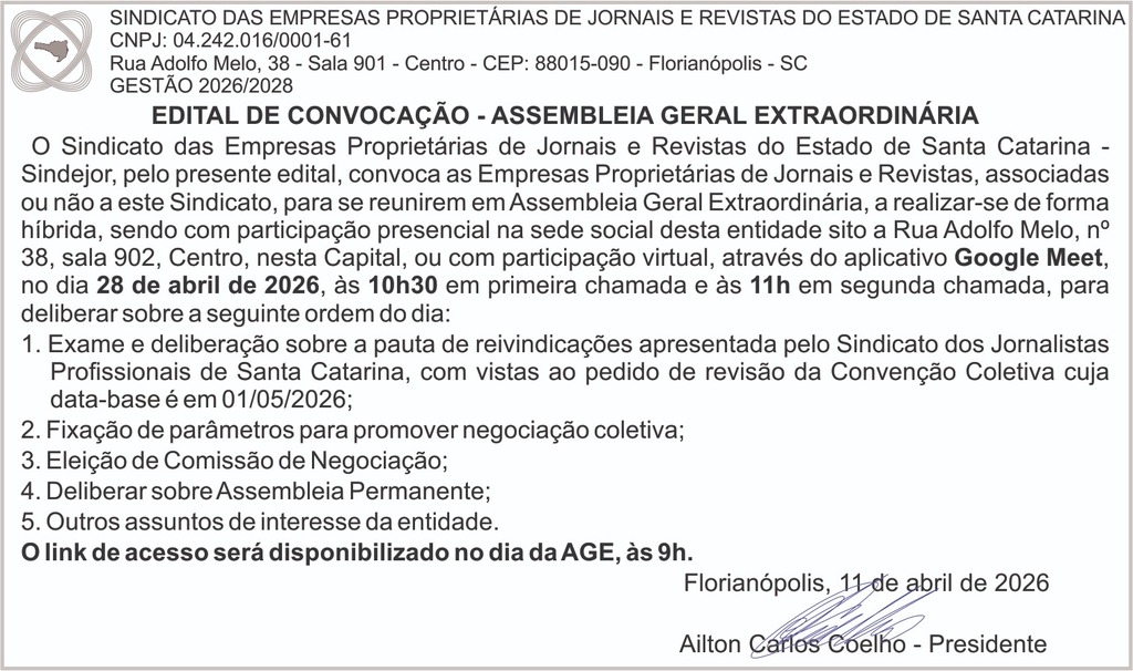 Sindejor publica Edital de Convocação para Assembleia Geral Extraordinária