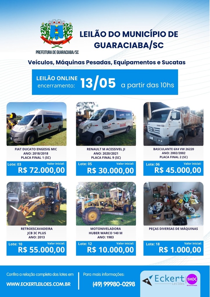 Guaraciaba promove leilão de veículos, máquinas pesadas, equipamentos e sucatas