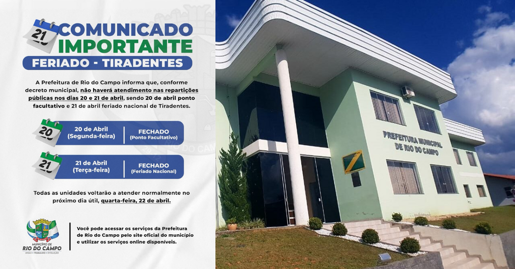 Prefeitura de Rio do Campo anuncia pausa nos atendimentos devido ao feriado de Tiradentes