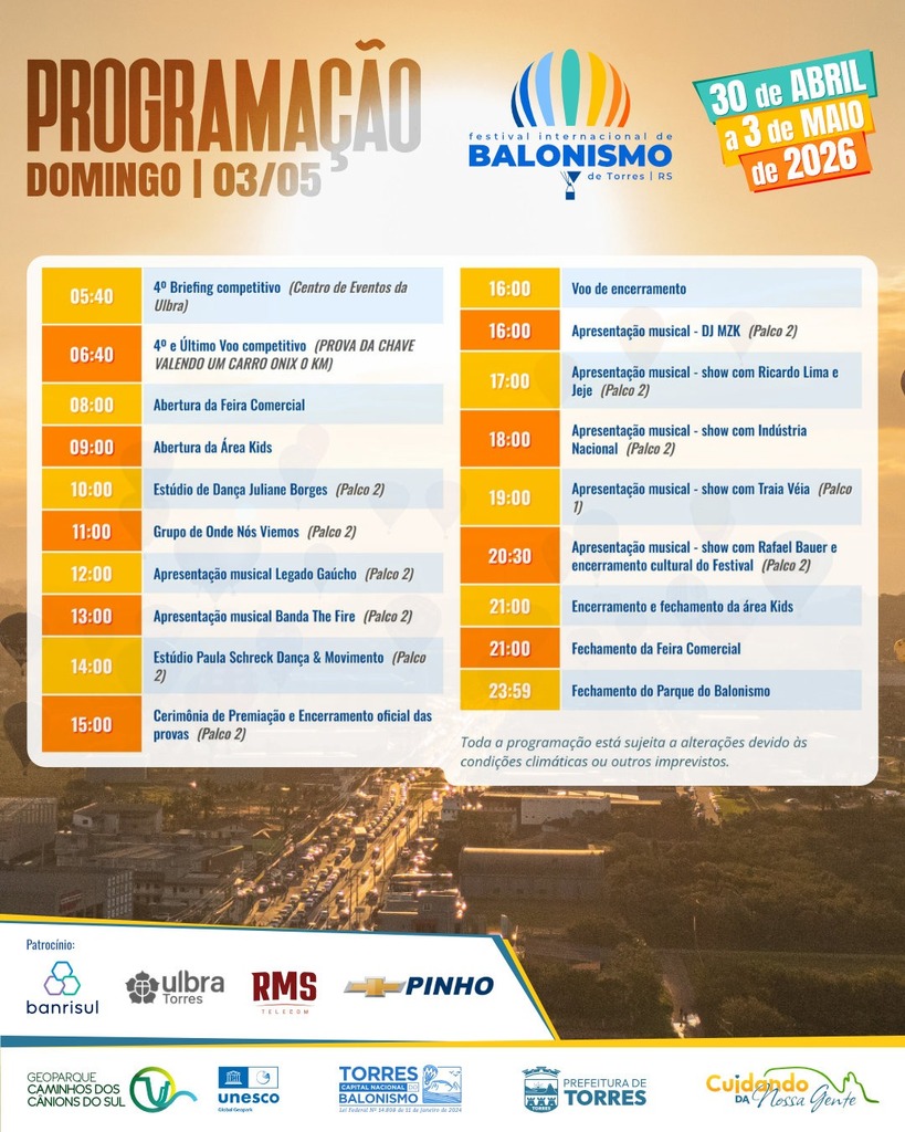 TORRES RECEBE O FESTIVAL INTERNACIONAL DE BALONISMO DE 30 DE ABRIL A 3 DE MAIO DE 2026