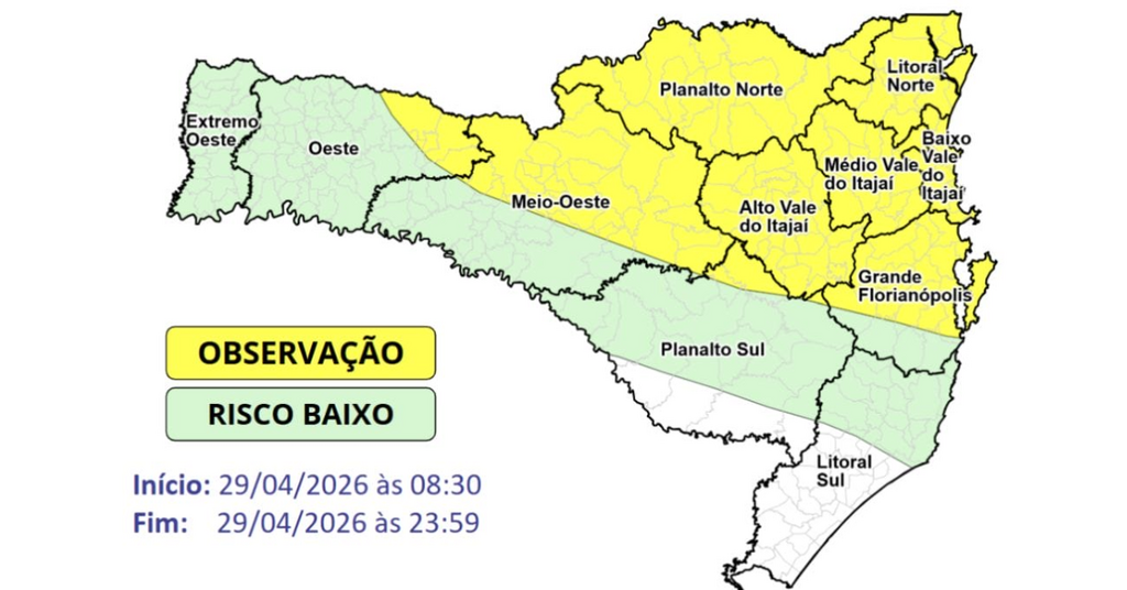 Metade de SC entra em alerta para frente fria com chuva forte e rajadas de vento de 100 km/h