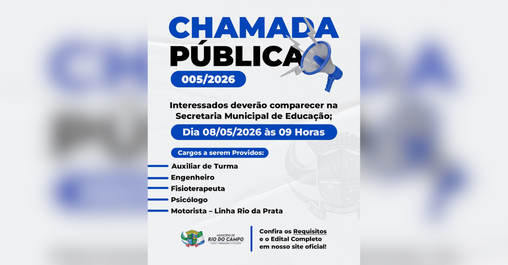 Prefeitura de Rio do Campo abre chamada pública para contratação em diversas áreas