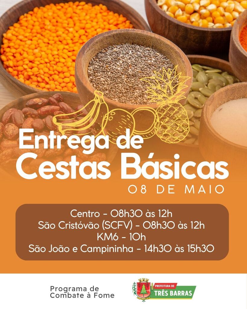 Confira o dia, locais e os horários da entrega das cestas básicas do Programa de Combate à Fome em Três Barras