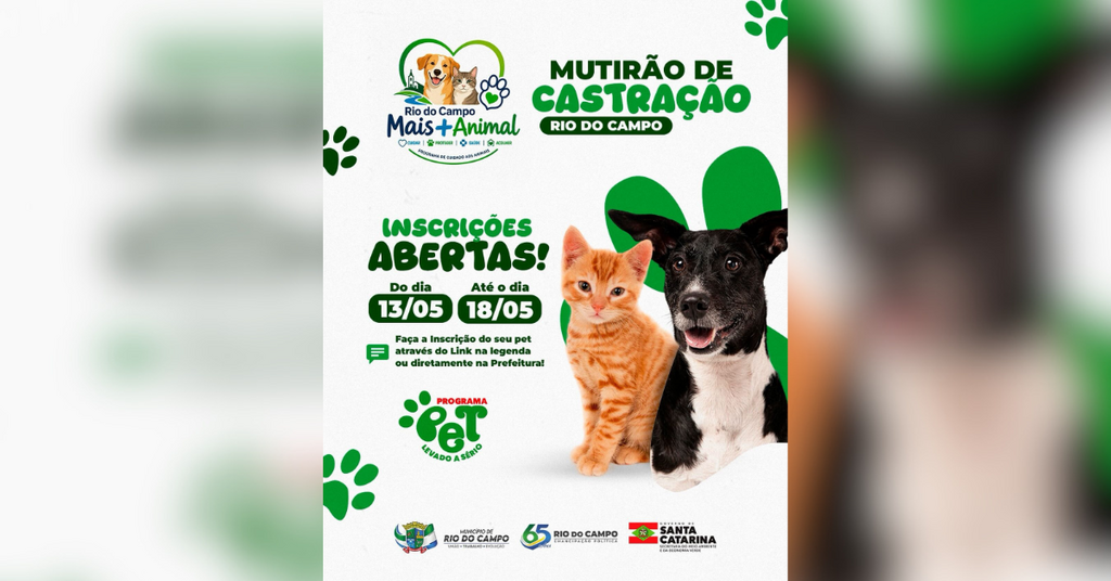 Prefeitura de Rio do Campo abre inscrições para mutirão gratuito de castração de cães e gatos