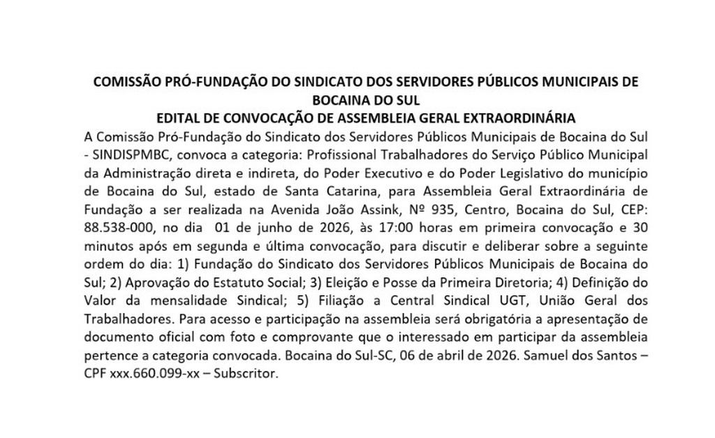 EDITAL DE CONVOCAÇÃO DE ASSEMBLEIA GERAL EXTRAORDINÁRIA 