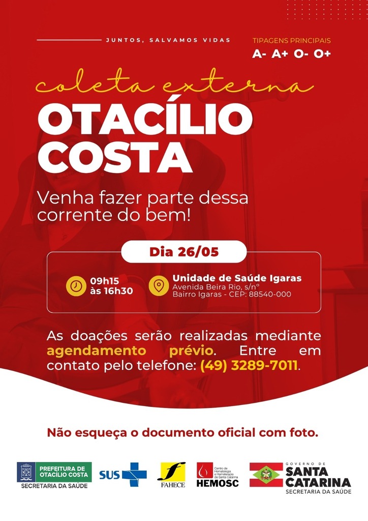 Hemosc realizará nova coleta externa de sangue em Otacílio Costa