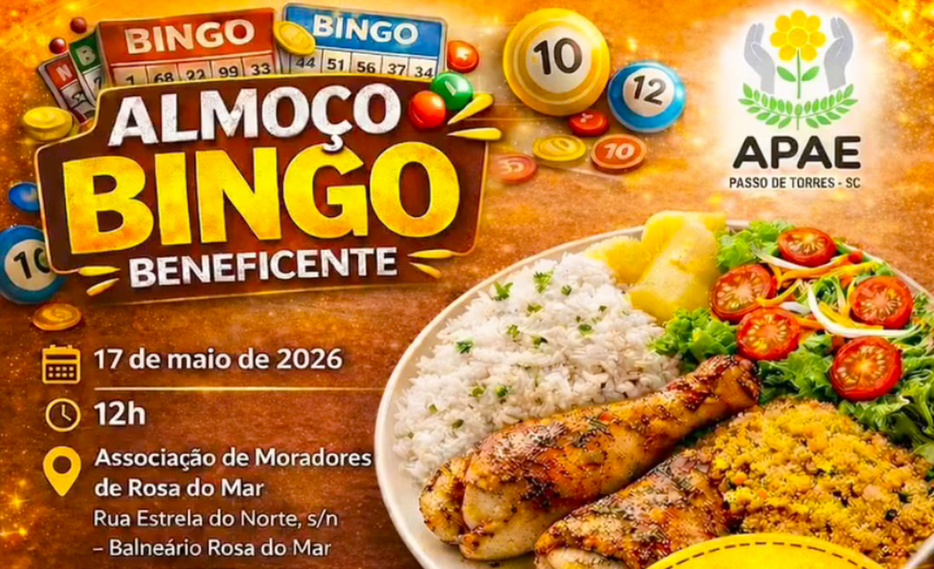 APAE DE PASSO DE TORRES PROMOVE NESTE DOMINGO (17) ALMOÇO COM BINGO EM BALNEÁRIO ROSA DO MAR