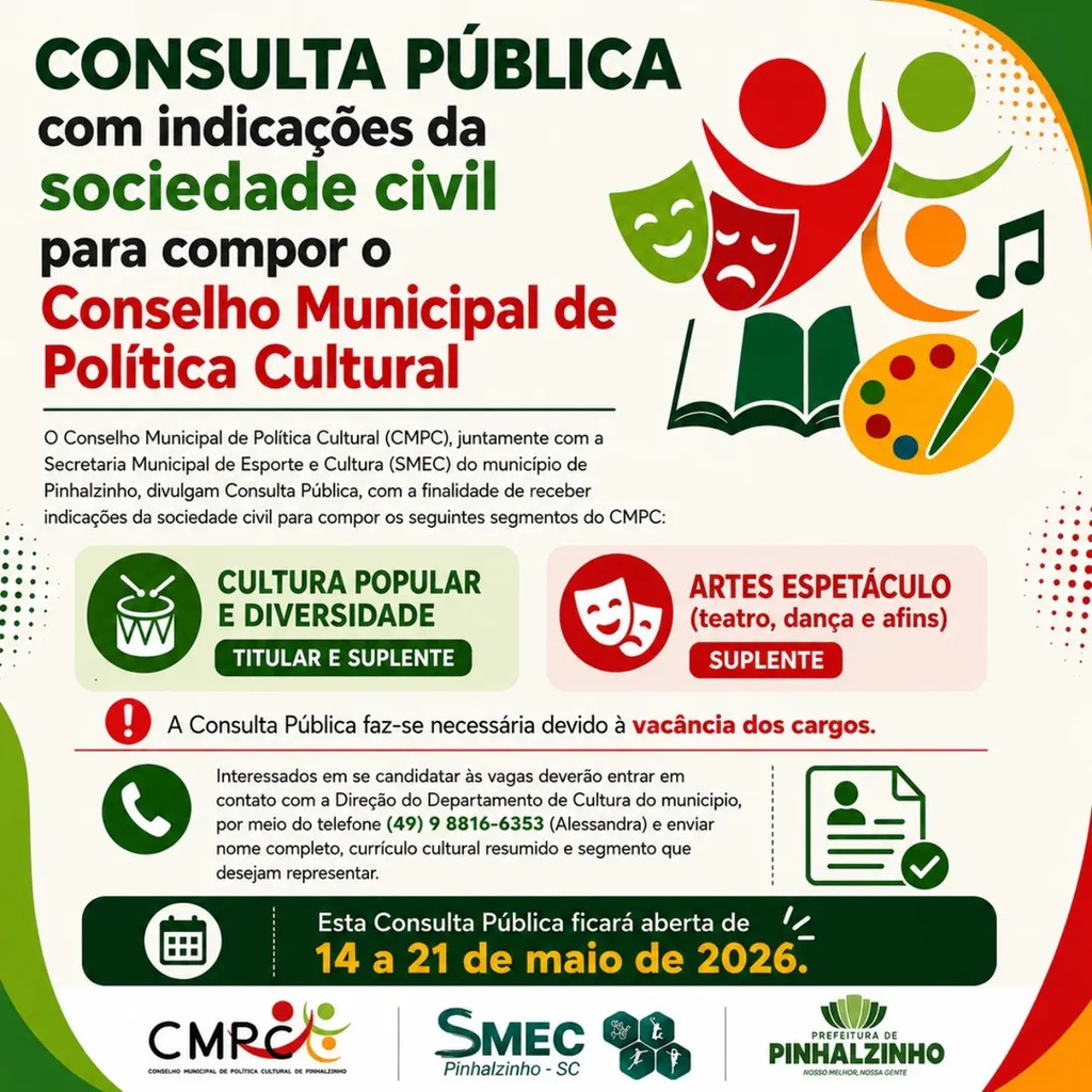 Pinhalzinho abre consulta pública para preencher vagas no Conselho de Política Cultural
