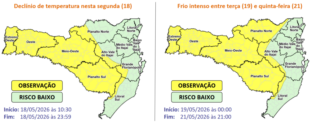 Alerta para declínio acentuado de temperatura nesta segunda e frio intenso até quinta-feira