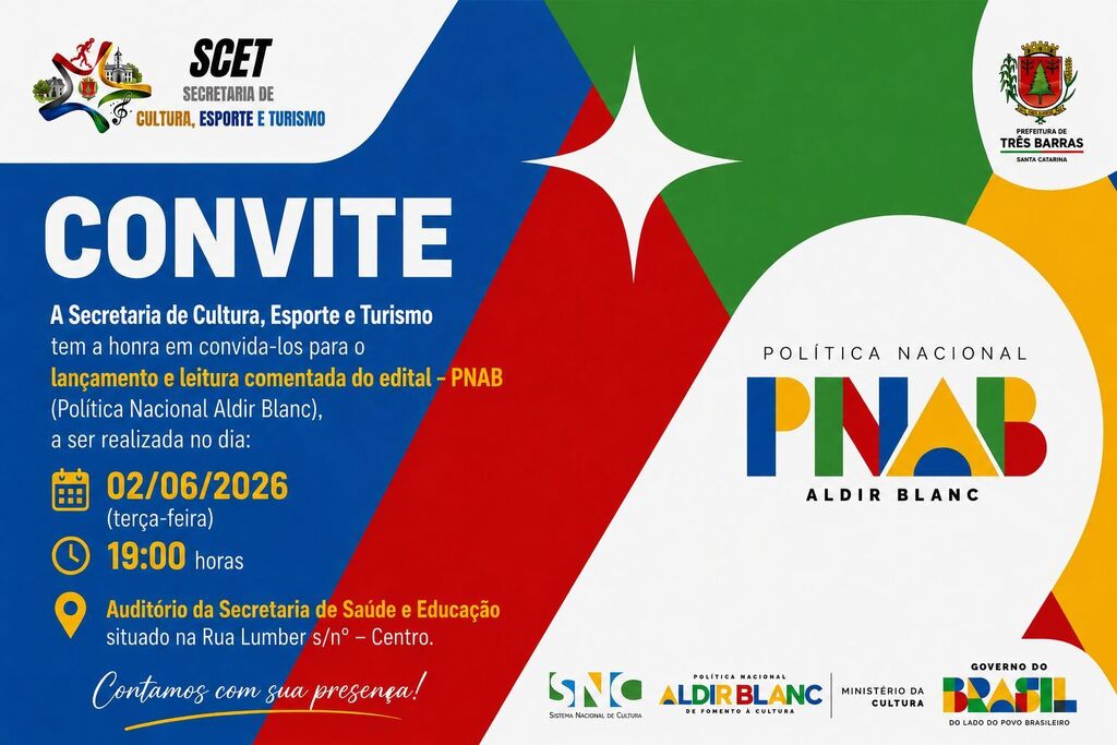A Prefeitura de Três Barras realiza no dia 02 de junho o lançamento e leitura comentada do Edital referente a Política Nacional Aldir Blanc