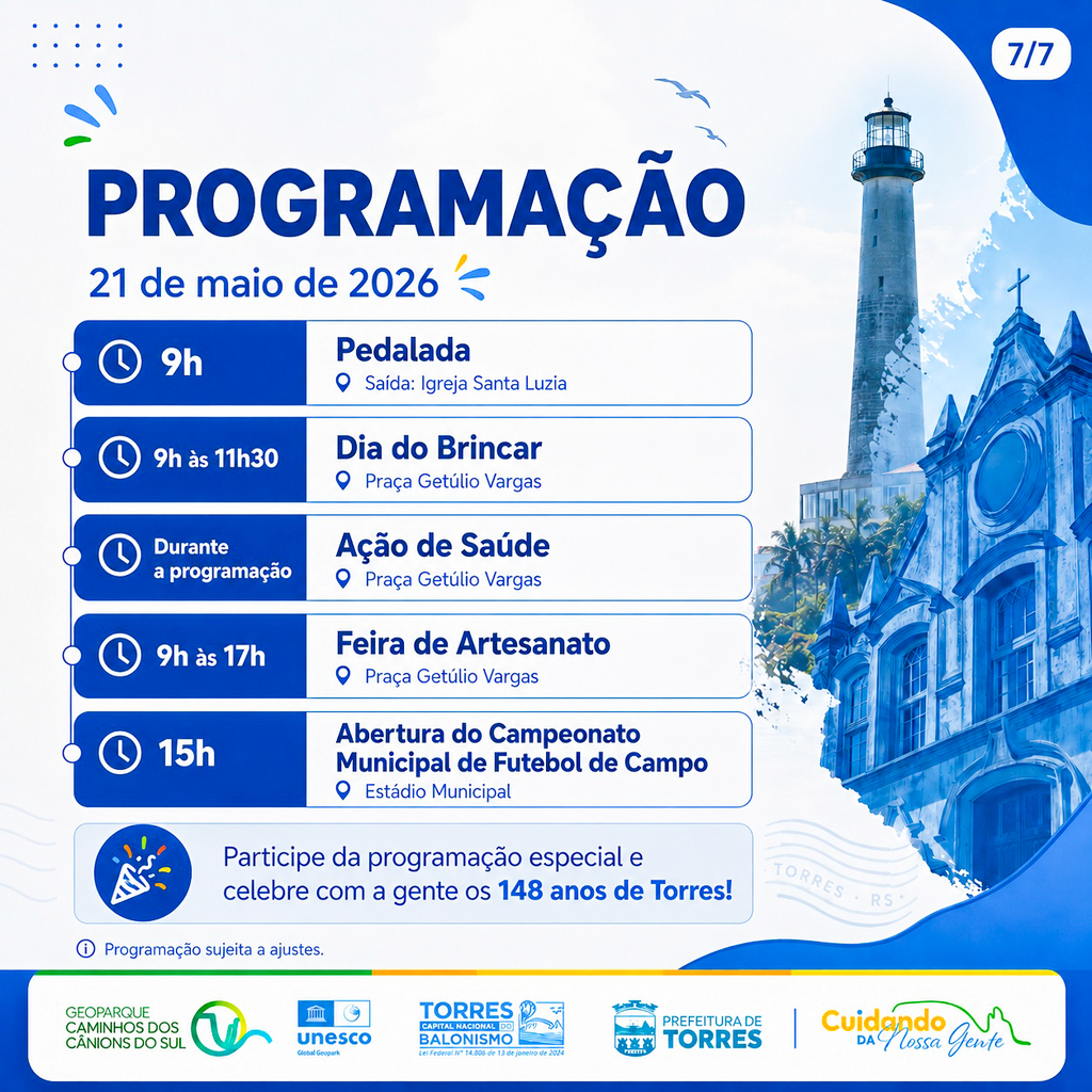 MUNICÍPIO DE TORRES COMEMORA 148 ANOS COM PROGRAMAÇÃO ESPECIAL PARA TODA A COMUNIDADE