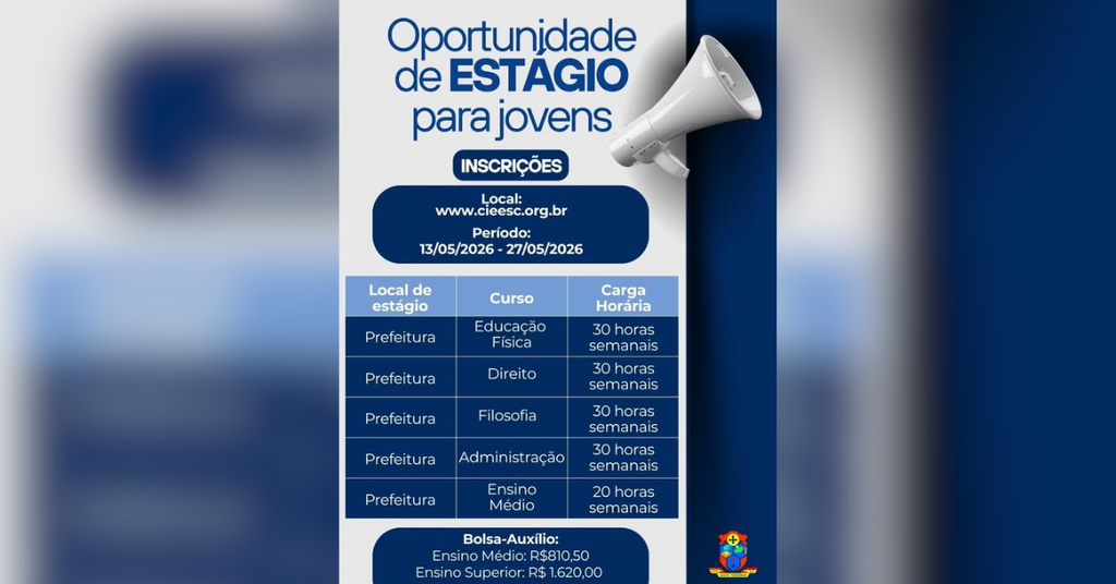 Prefeitura Municipal abre processo seletivo com vagas de estágio para estudantes de ensino médio e superior