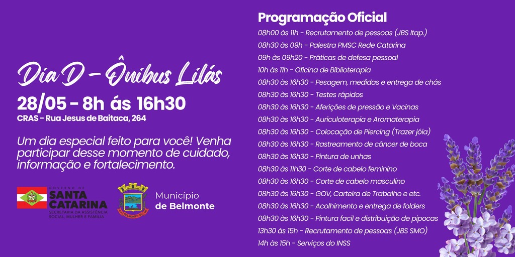 Município de Belmonte receberá o Ônibus Lilás no dia 28 de maio
