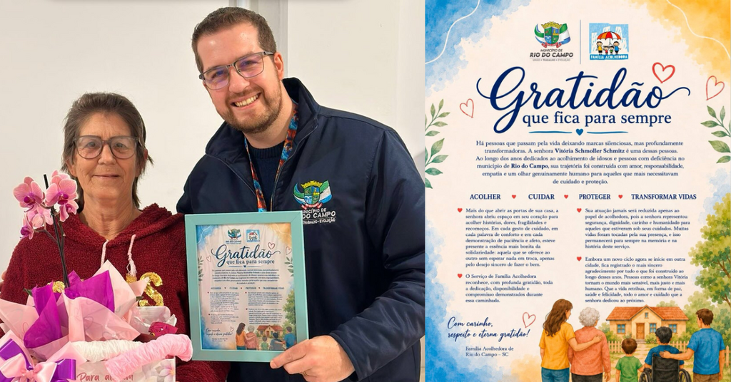 Município de Rio do Campo presta homenagem de gratidão à senhora Vitória Schmoller Schmitz por anos de dedicação na Família Acolhedora