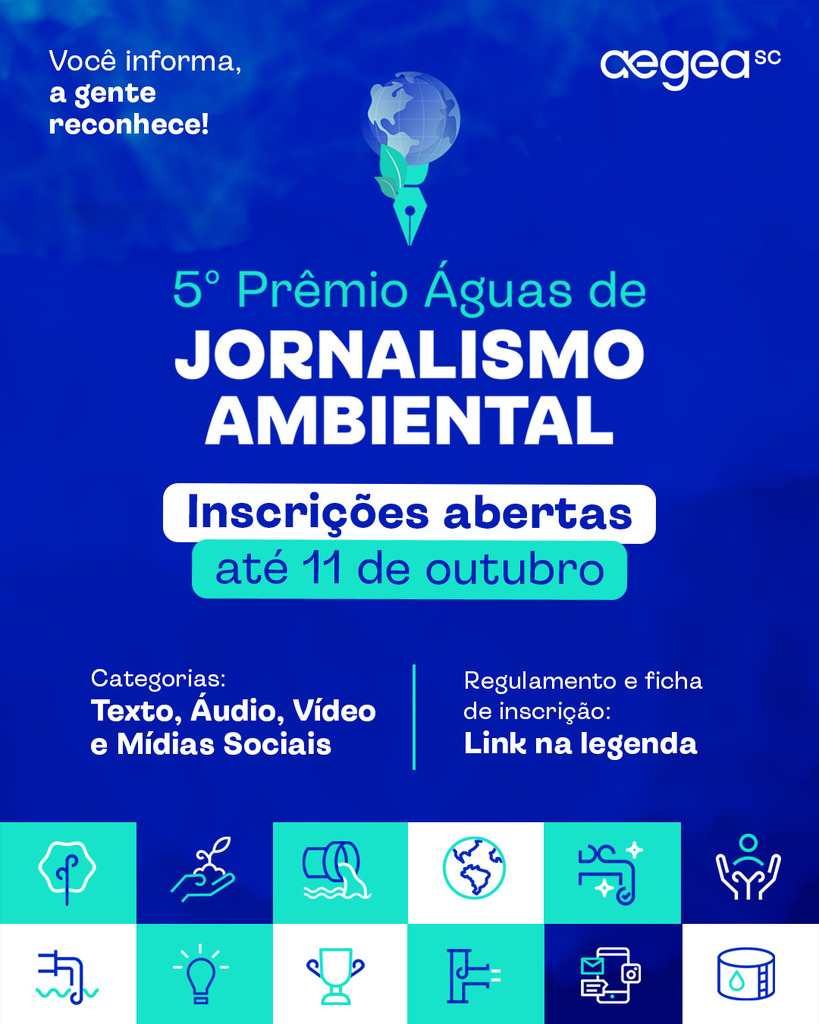 Inscrições abertas até outubro: Aegea SC promove 5º Prêmio Águas de Jornalismo Ambiental