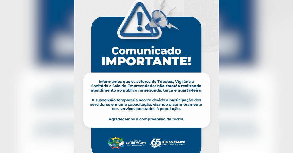 Setores de Tributos, Vigilância Sanitária e Sala do Empreendedor suspendem atendimento por 3 dias