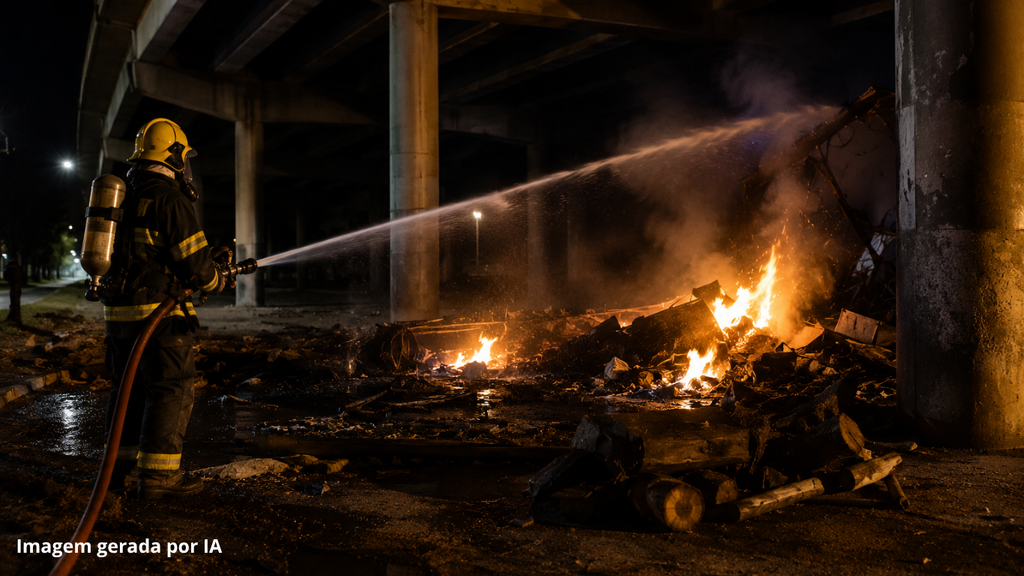 Incêndio destrói acampamento sob viaduto em Imbituba e mobiliza bombeiros durante a noite