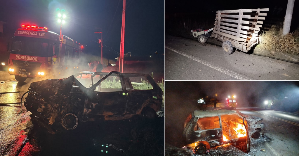 Veículo pega fogo após colisão traseira com microtrator na SC-281 em Imbuia