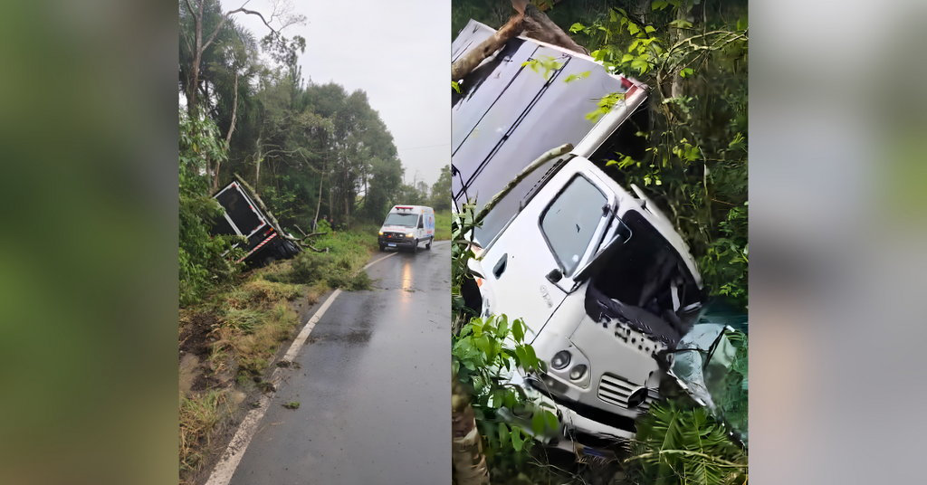 Assista ao vídeo: Caminhão baú sai da pista na SC-350 entre Taió e Rio do Campo; ocupantes saem ilesos