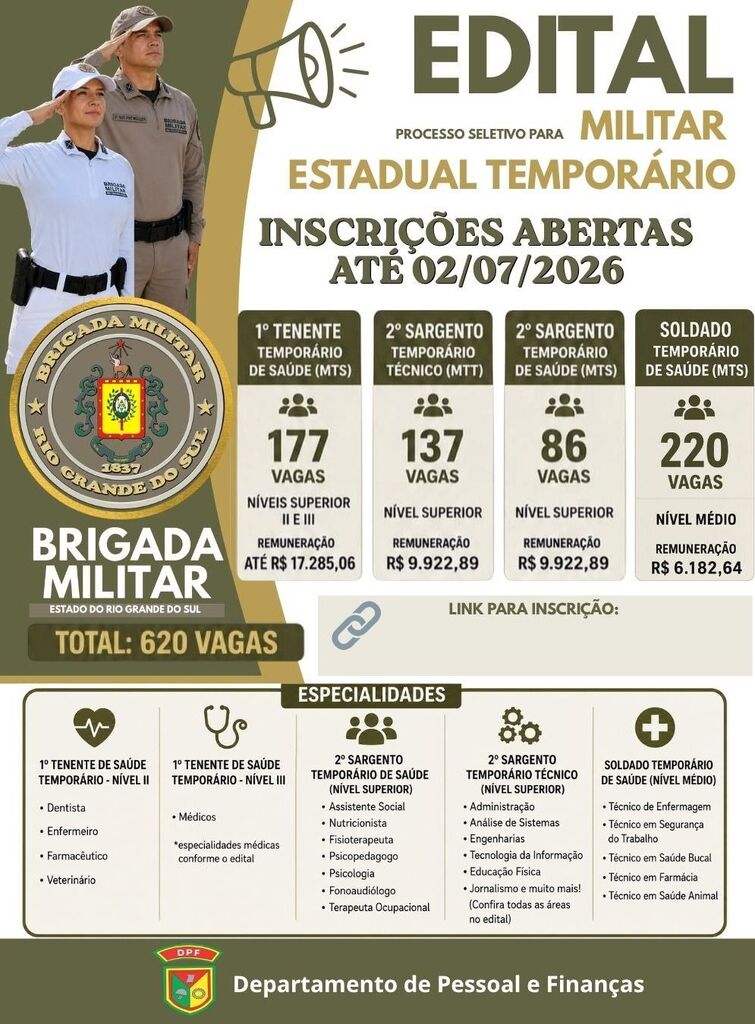 BRIGADA MILITAR DO RS ABRE PROCESSO SELETIVO PARA CONTRATAÇÃO DE MILITARES ESTADUAIS TEMPORÁRIOS EM DIVERSAS ÁREAS DA SAÚDE