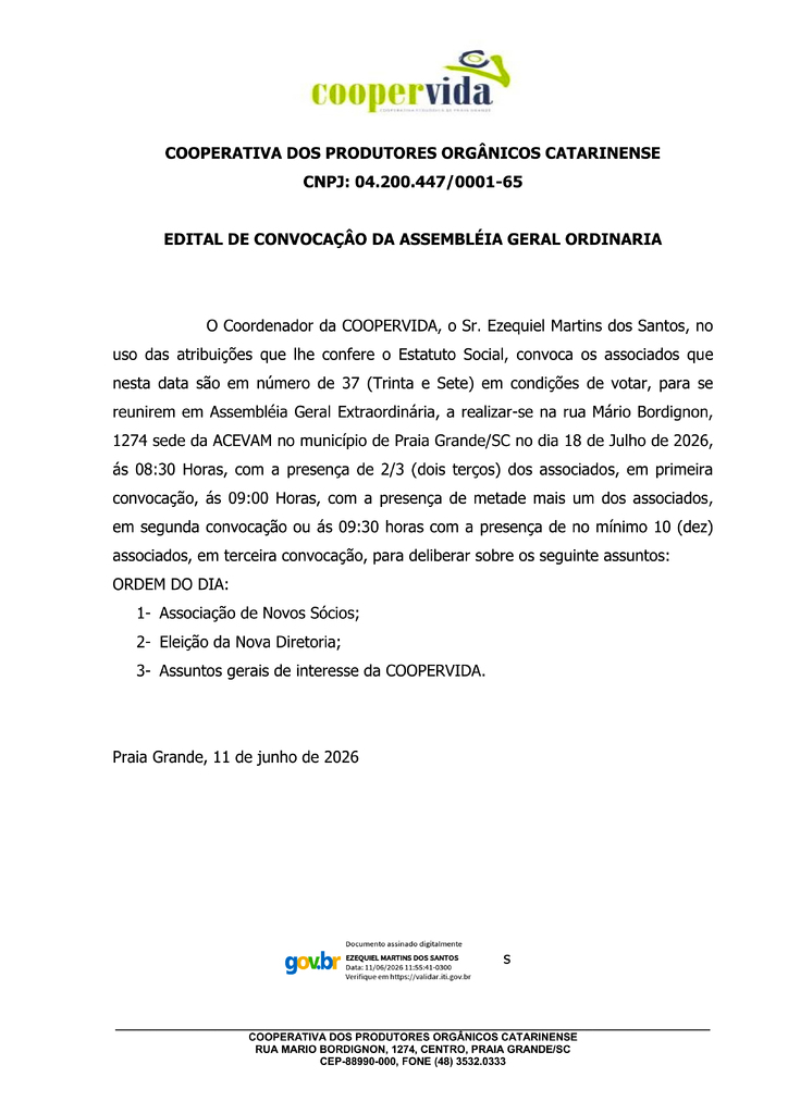 COOPERVIDA CONVIDA PARA ASSEMBLEIA GERAL ORDINÁRIA NO DIA 18 DE JULHO