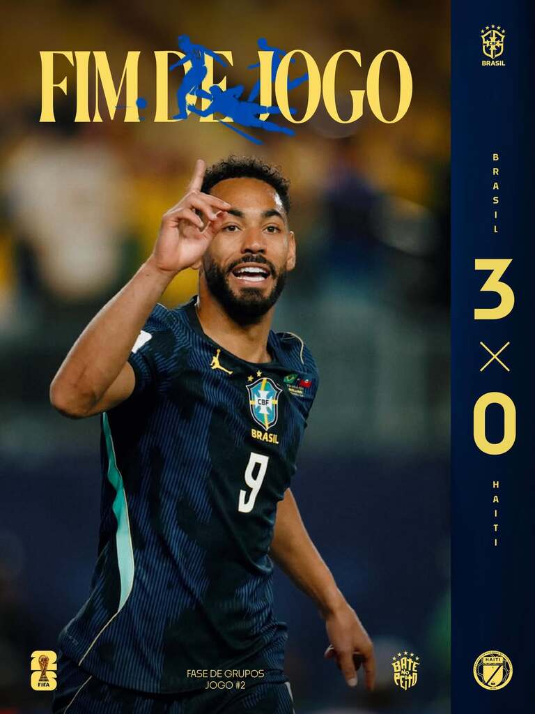 Brasil vence o Haiti por 3 a 0 e assume liderança do Grupo C