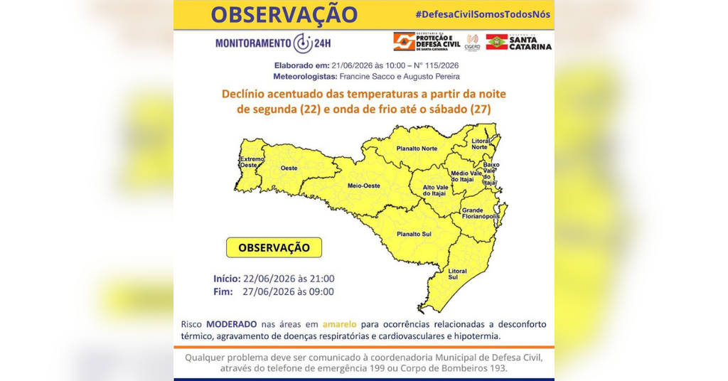 Defesa Civil alerta para declínio acentuado das temperaturas e onda de frio em SC