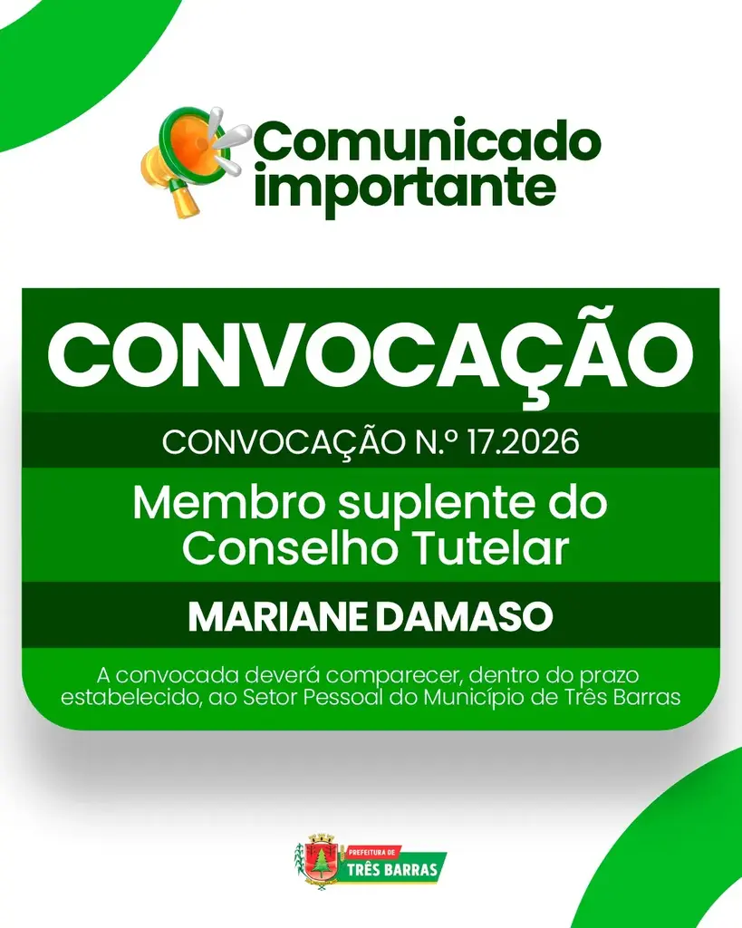 Três Barras convoca membro suplente do Conselho Tutelar